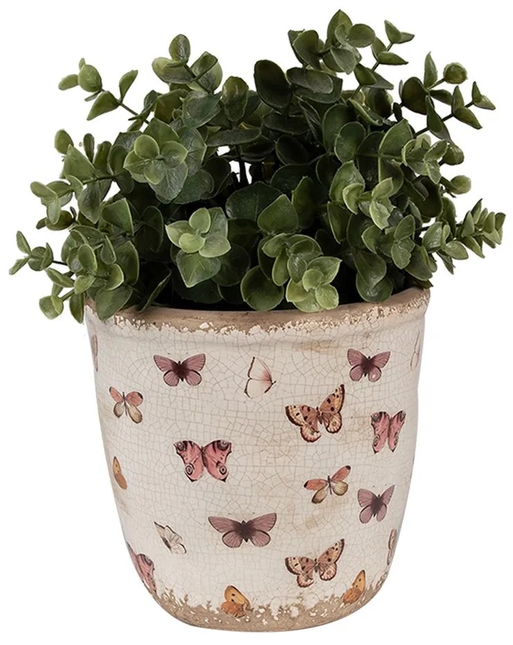 Béžový antik obal na kvetináč s motýlikmi Butterfly Paradise M - Ø 15*14 cm