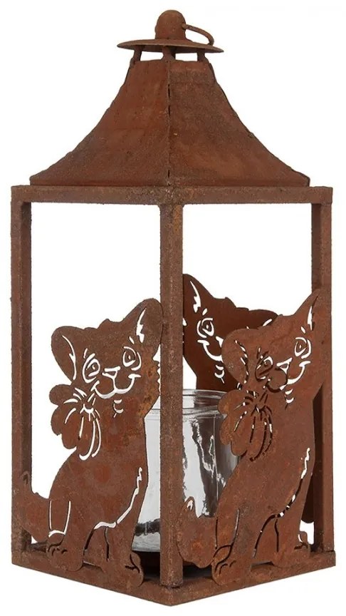 Hrdzavý kovový lampáš s mačkami - 15*15*37 cm Hrdzavý kovový lampáš s mačkami - 15*15*37 cm