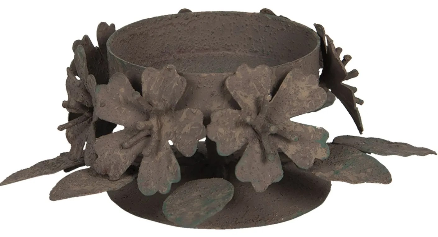 Hnedý kovový svietnik s patinou a kvetinami - 10 * 6 * 5 cm