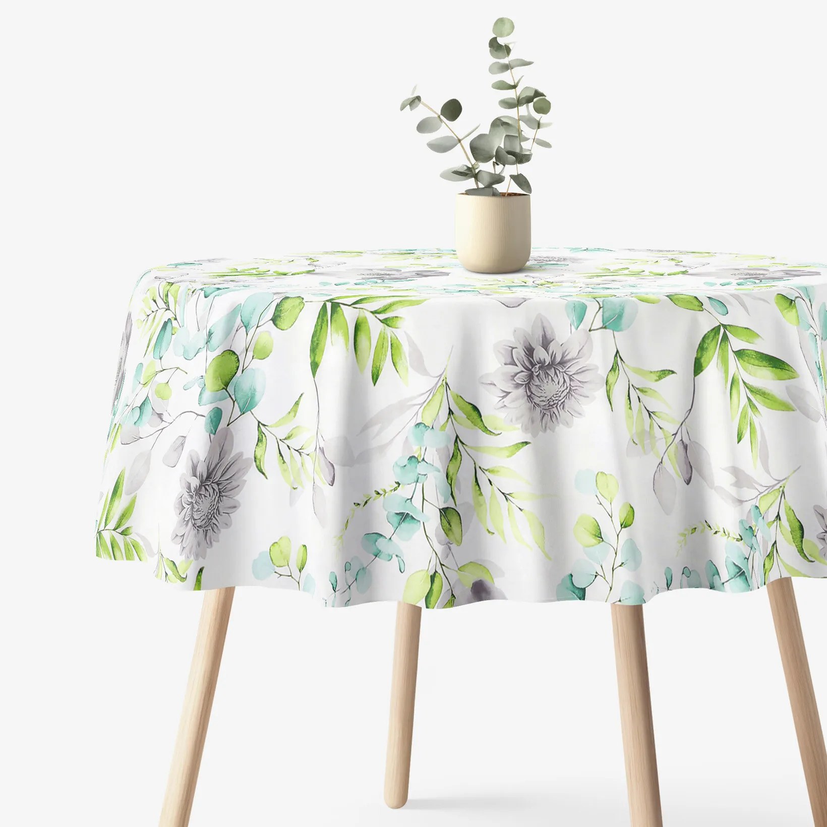 Goldea okrúhly obrus 100% bavlnené plátno deluxe - eukalyptus s kvety Ø 170 cm