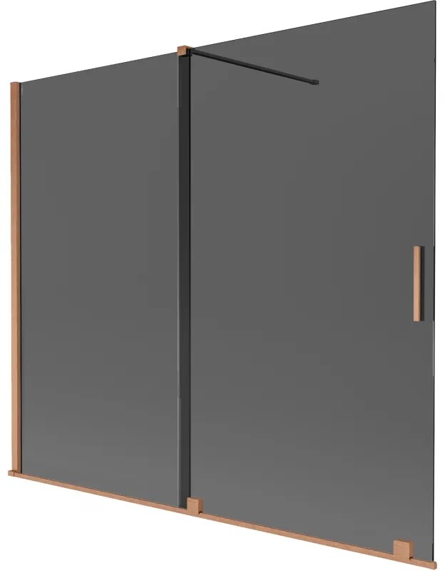 Mexen Velar, 2-krídlová posuvná vaňová zástena 180 x 150 cm, 8mm šedé sklo, medená matná, 896-180-000-41-65