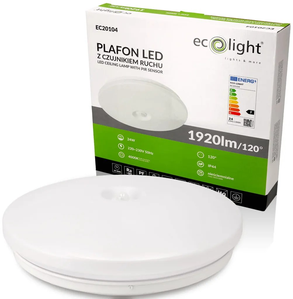 ECOLIGHT LED stropné svietidlo 24W IP44 PIR neutrálna biela
