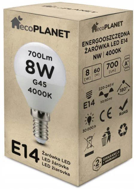 ecoPLANET LED žiarovka E14 - G45 - 8W - 700lm - neutrálna biela