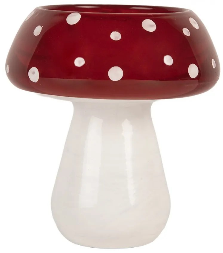 Bielo-červený sklenený svietnik na čajovú sviečku muchotrávka - Ø 8*9 cm