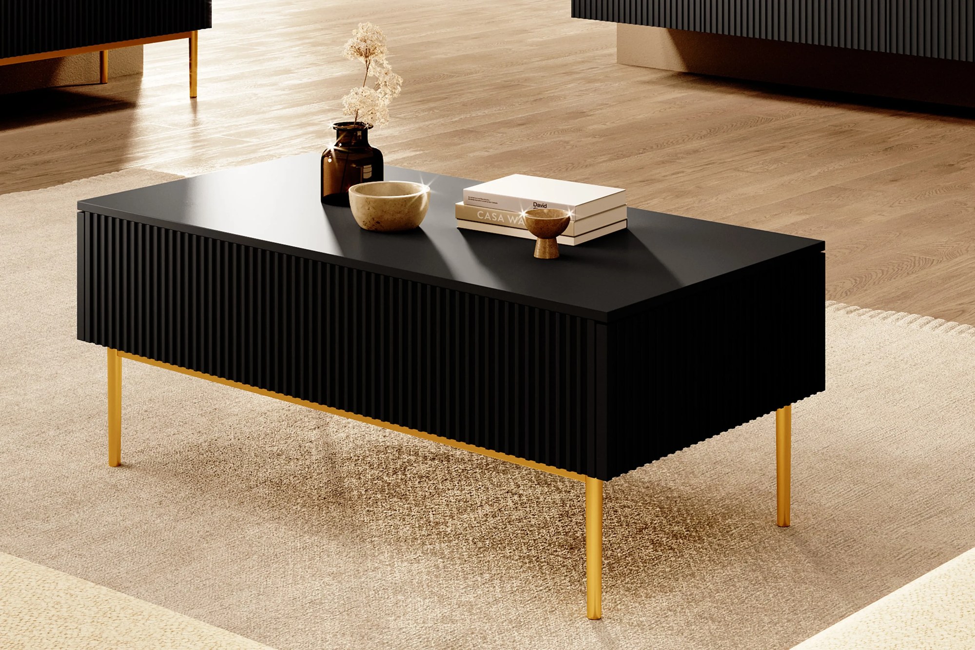 Konferenčný stolík Nicole 120 cm so zásuvkami a kovovými nohami - čierny mat / zlaté nohy