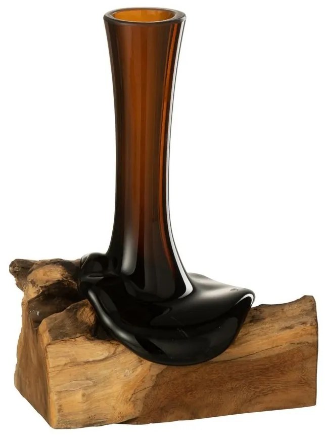 Hnedá váza z recyklovaného skla na dreve Gamal - 25*20*29 cm