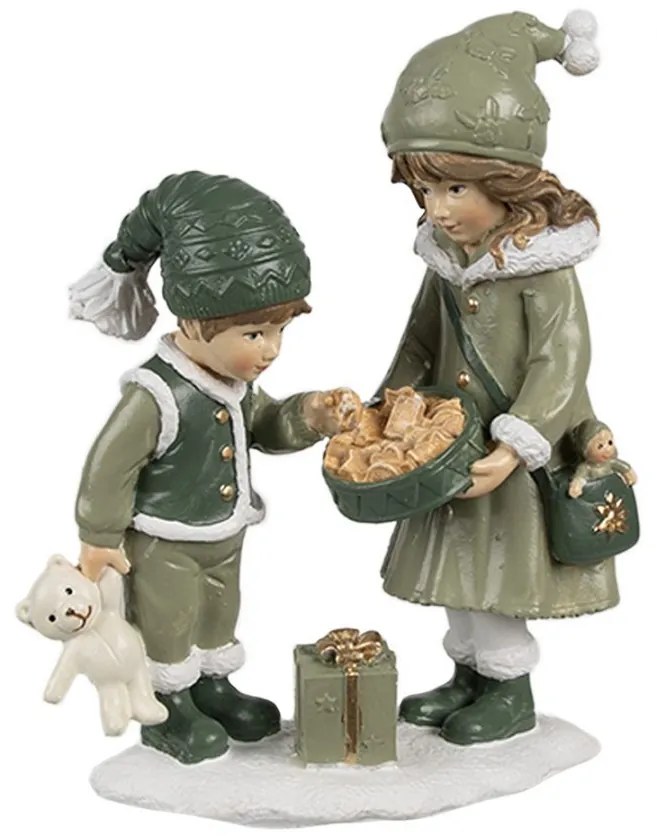 Zelená vianočná dekorácia deti s darčekom a medvedíkom - 10*5*13 cm