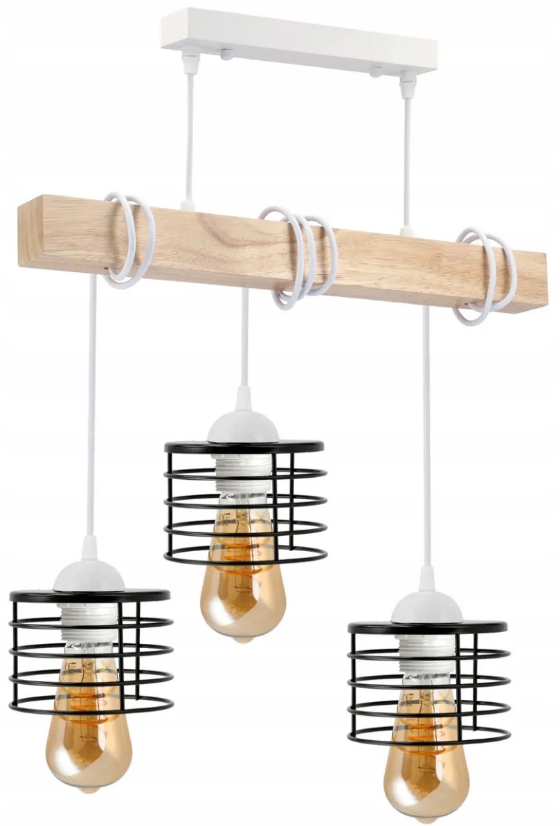 BERGE LED závesné stropné svietidlo, drevené, biele, 3xE27, loft pružina