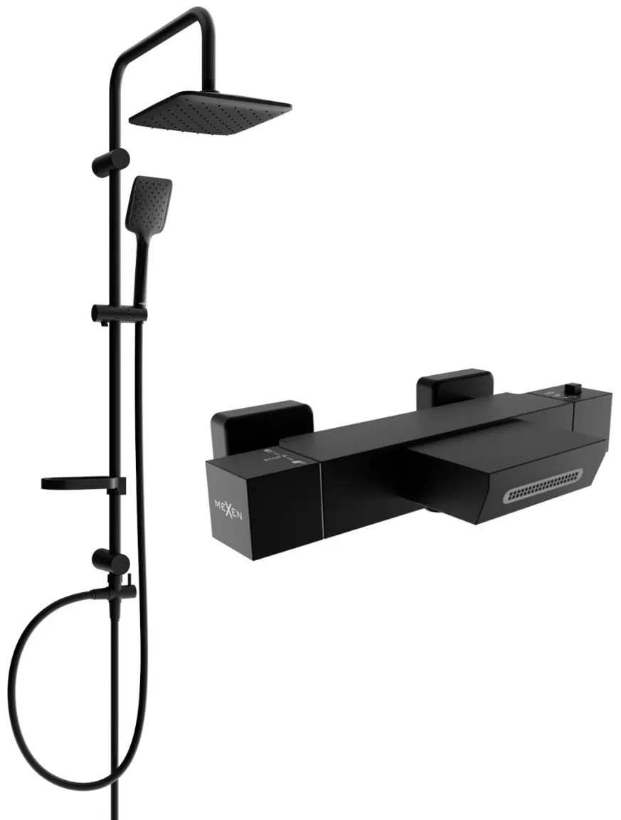 Mexen Sven, sprchový set s dažďovou sprchou a CUBE termostatickou vaňovou batériou, čierna matná, 77360262-70