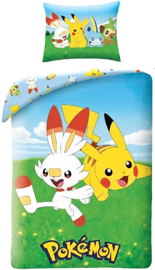 Bavlnené posteľné obliečky Pokémoni - motív Scorbunny a Pikachu - 100% bavlna - 70 x 90 cm + 140 x 200 cm