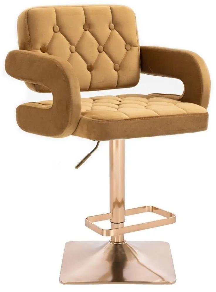 LuxuryForm DESIGN Barová stolička ADRIA VELUR na zlatej hranatej podstave - hnedá