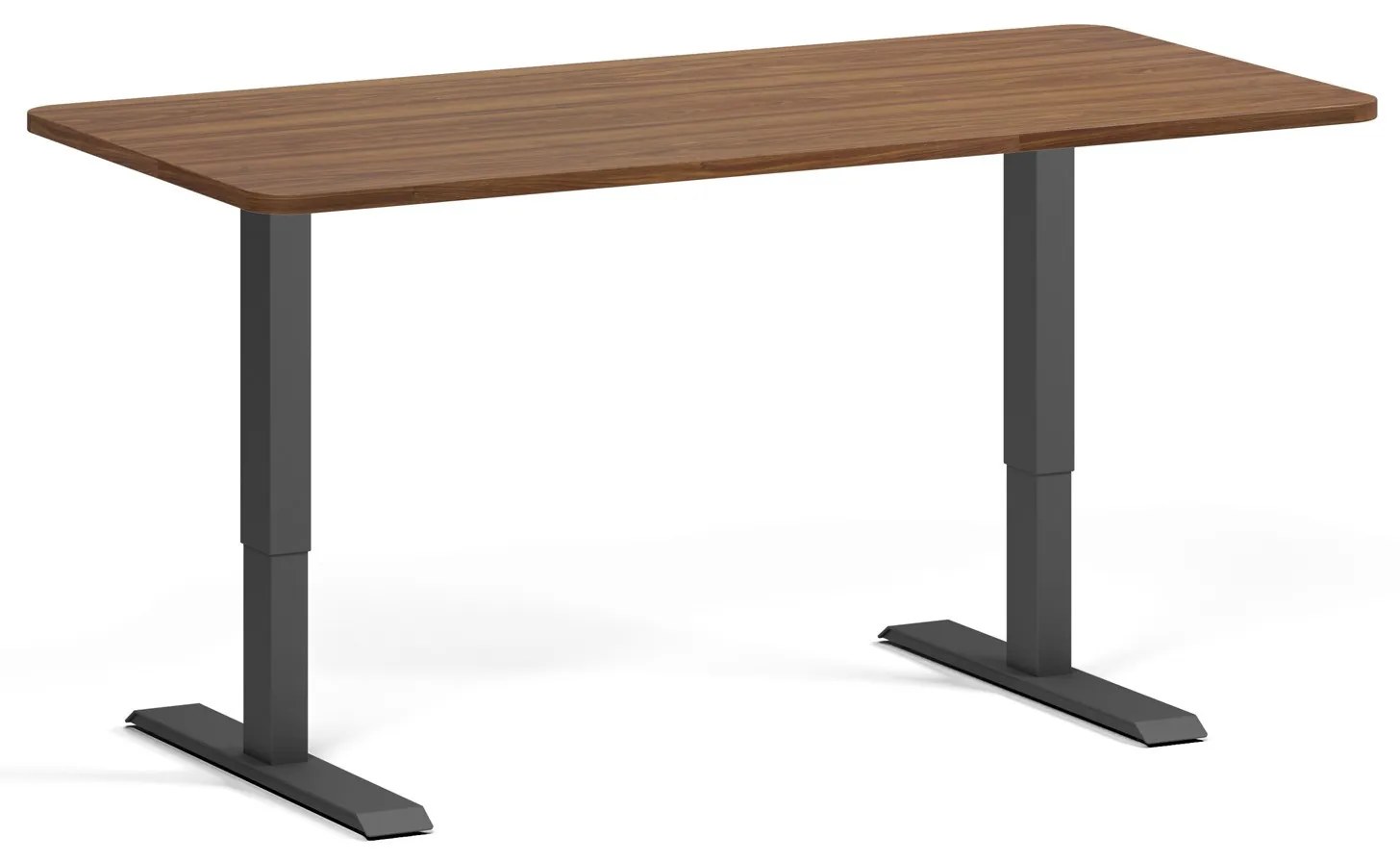 Výškovo nastaviteľný stôl, 160x80 cm, 1 motor, zaoblené rohy, čierna podnož, orech