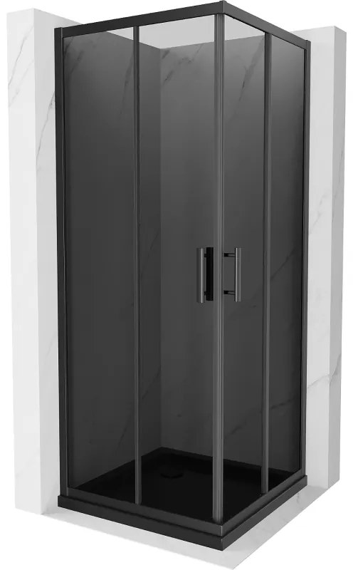 Mexen Rio, štvorcový sprchovací kút s posuvnými dverami 80(dvere) x 80(dvere) x 190 cm, 6mm šedé sklo, čierny profil + čierna sprchová vanička SLIM, 860-080-080-70-40-4070B