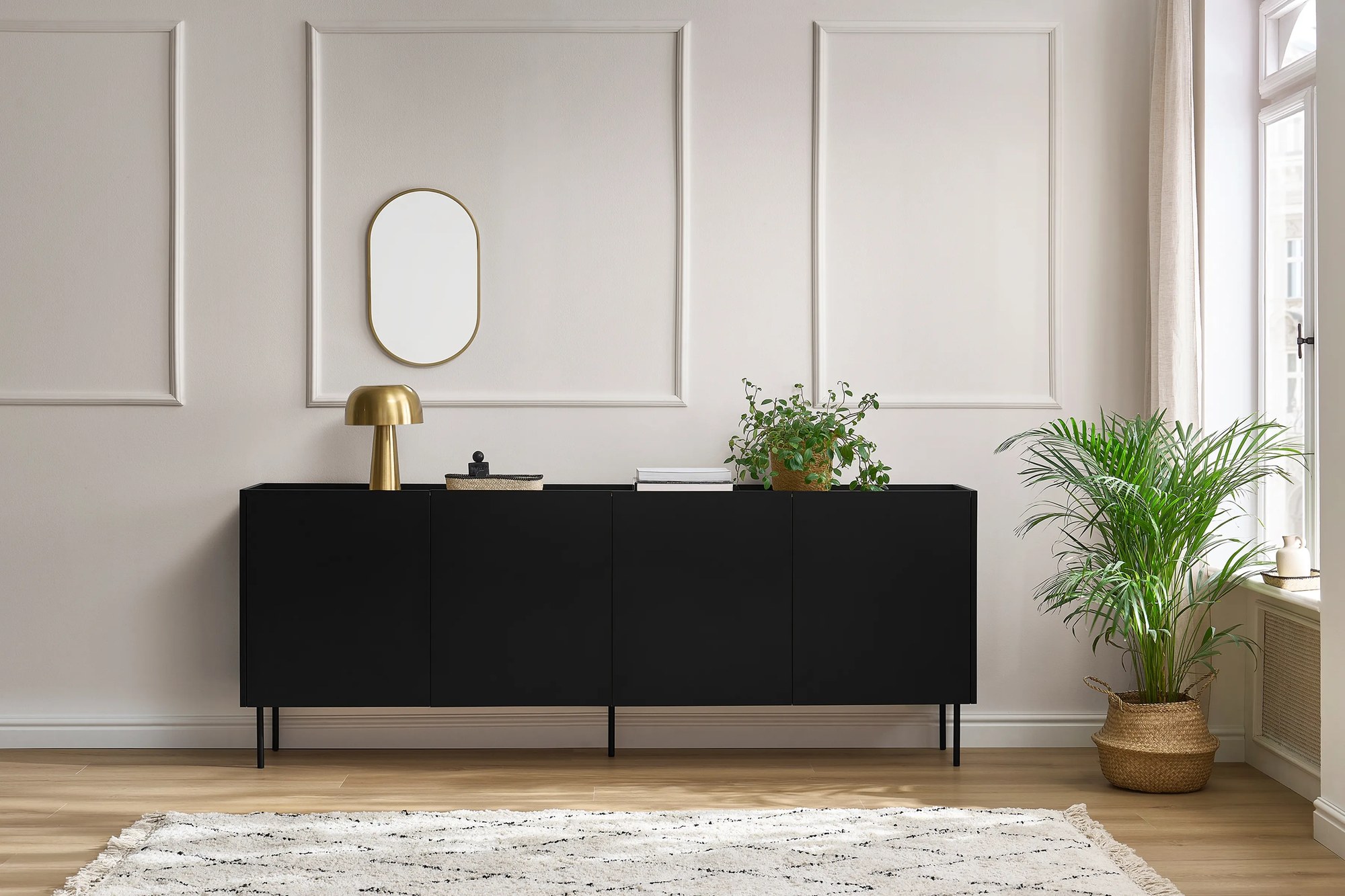 Komoda Desin 220 cm s kovovými nohami - čierny mat / dub nagano