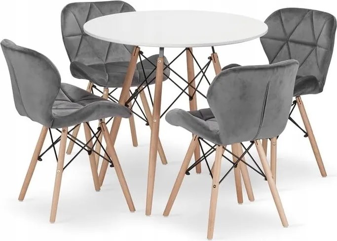 Jedálenská zostava TODI 80cm okrúhly stolový set biely a 2 stoličky LAGO sivé + 2 stoličky LAGO sivé ZADARMO
