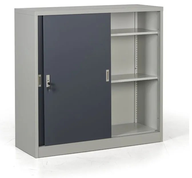 Kovová skriňa s posuvnými dverami, 2 police, 1200 x 1200 x 450 mm, tmavo sivá
