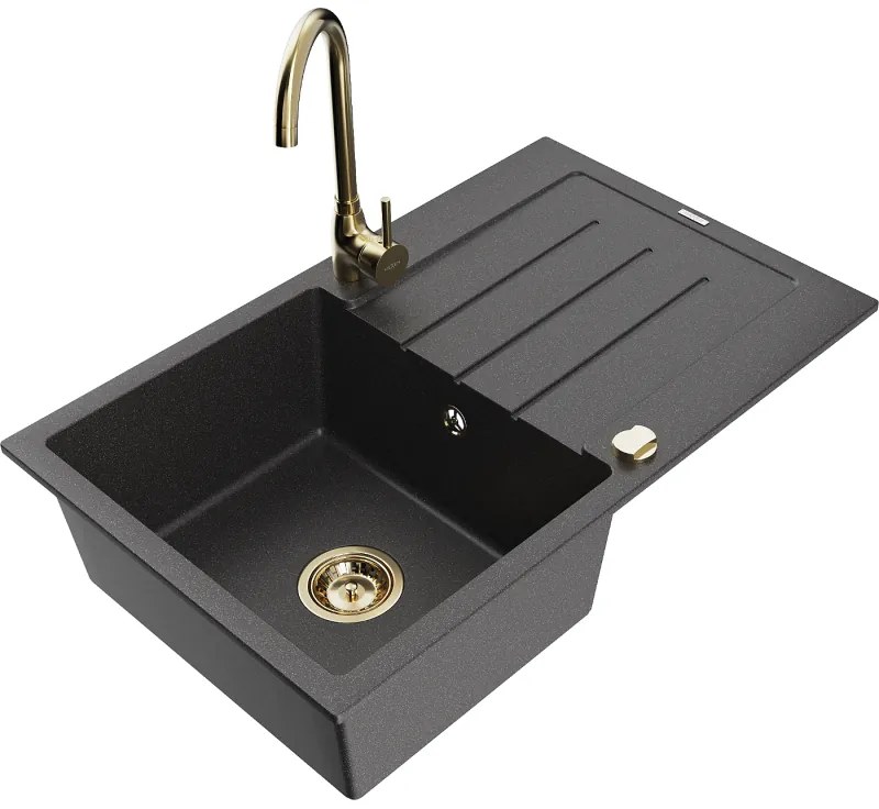 Mexen Bruno, 1-komorový granitový drez s odkvapkávačom 795x495x200 mm a zlatá kuchynská batéria Telma, čierna škvrnitá, 6513-76-670200-50