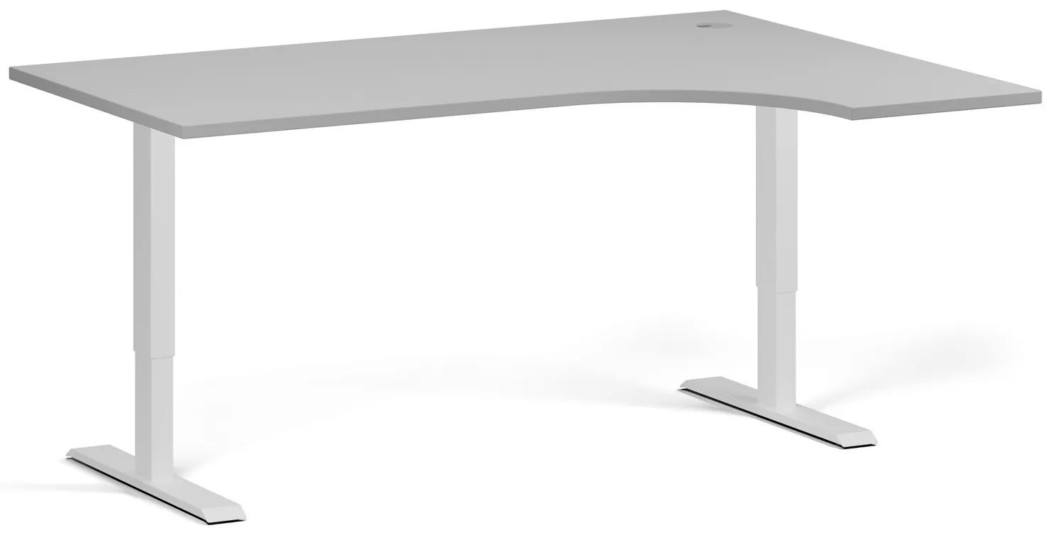 Rohový výškovo nastaviteľný stôl, 160x120 cm, 2 motory, L/P, biela podnož, sivá