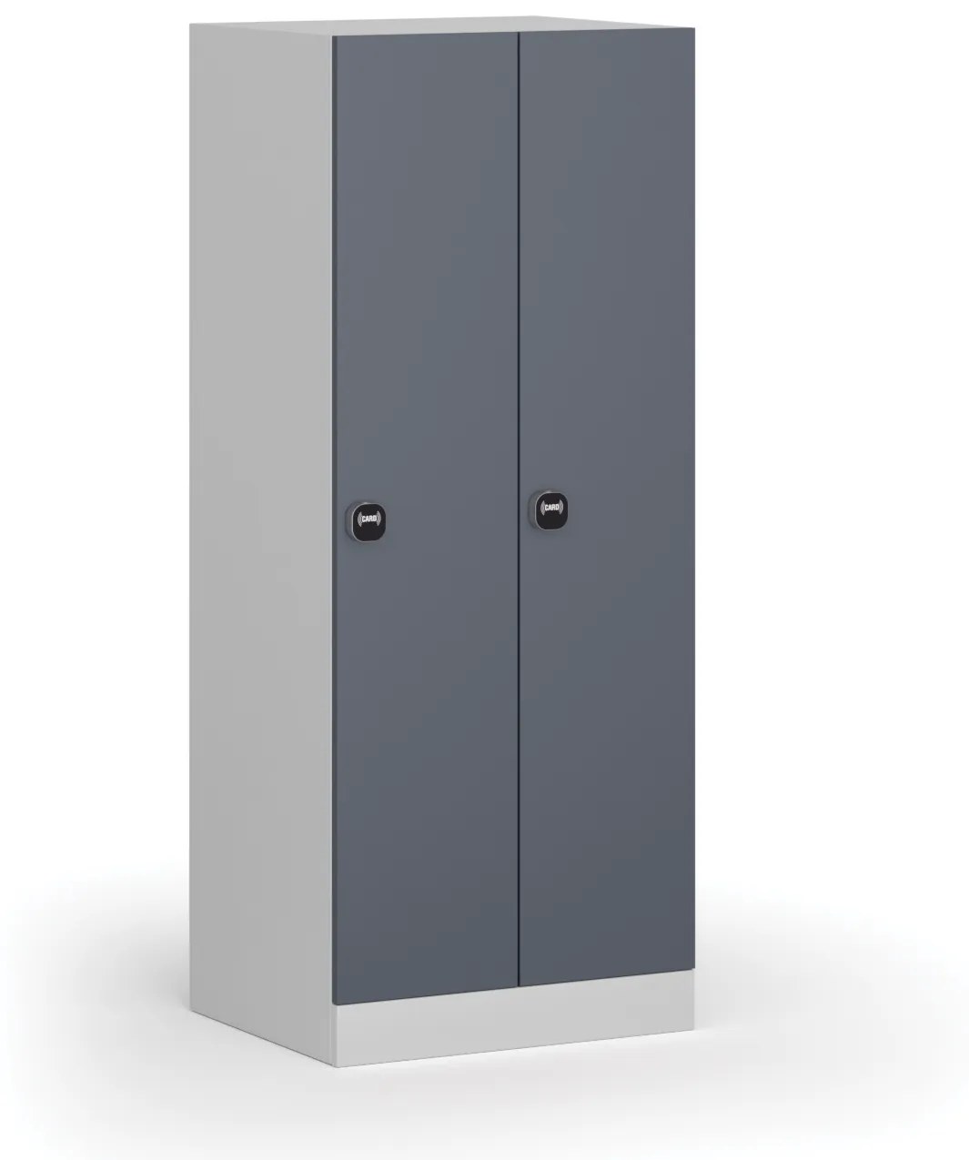 Šatníková skrinka znížená, 2 oddiely, 1500 x 600 x 500 mm, zámok s čítačkou RFID kariet, tmavosivé dvere