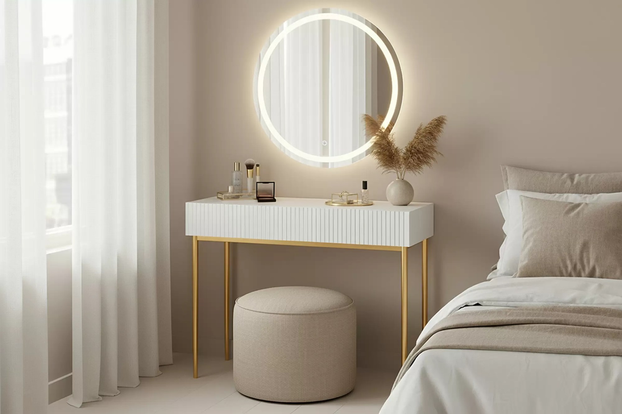 Toaletný stolík Nicole 100 cm so zásuvkami - biely mat / zlaté nohy