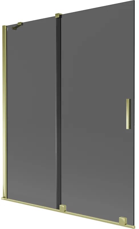 Mexen Velar, 2-krídlová posuvná vaňová zástena 140 x 150 cm, 8mm šedé sklo, zlatá lesklá, 896-140-000-41-50