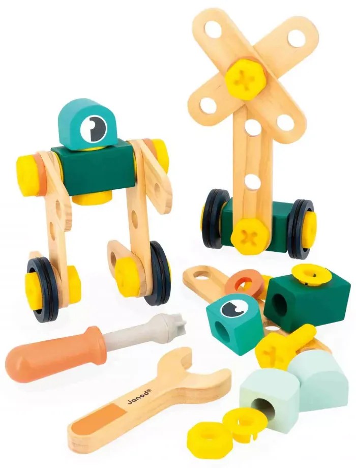 BricoKids - Drevená montážna stavebnica s predlohami a náradím - 50 ks