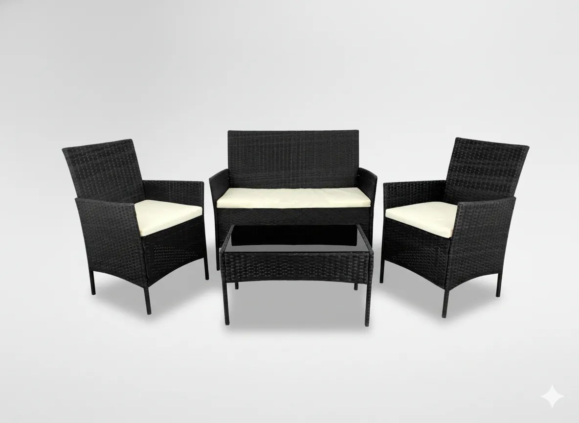 Garden Line SÚPRAVA RATANOVÉHO NÁBYTKU (POHOVKA, 2 KRESLÁ, LAVICA) ČIERNA + KRÉMOVÁ. REF. *0849