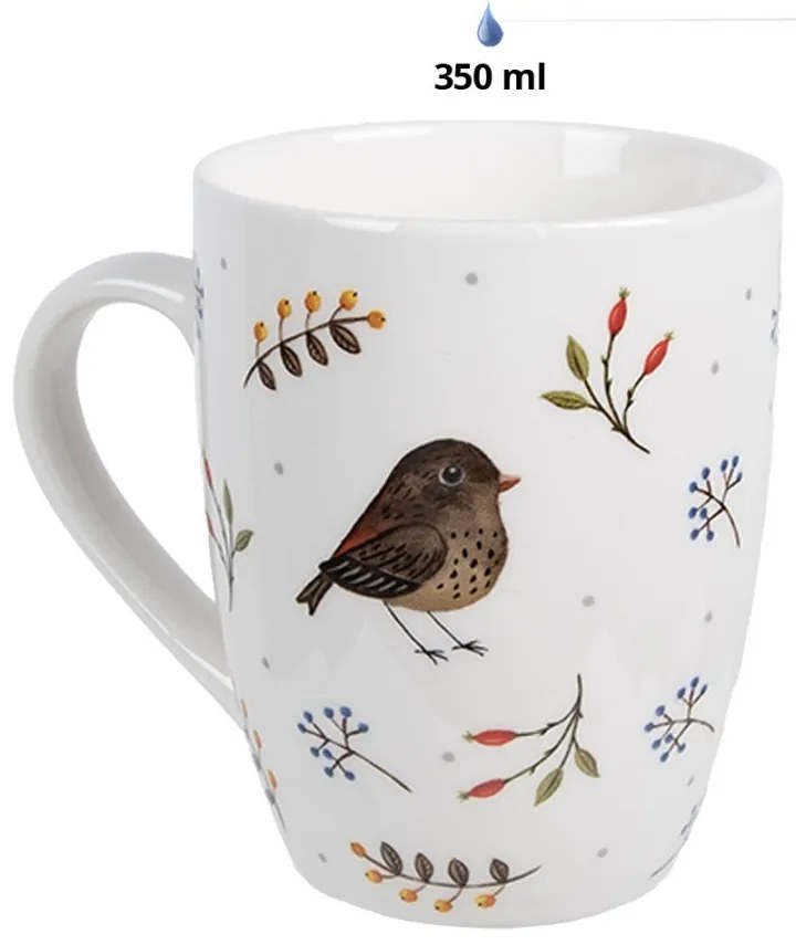 Biely keramický hrnček s motívom vtáčika Moineau - 12 * 8 * 10 cm / 350 ml