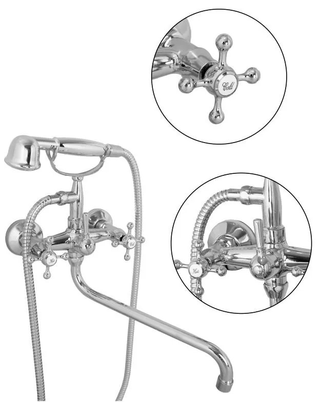 Erga Peri, nástenná retro vaňová batéria s ručnou sprchovou súpravou, chrómová, ERG-YKA-BW.PERI