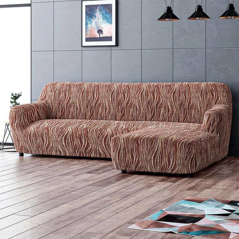 Bielastické poťahy UNIVERSO NOVÉ žíhané hnedé sedačka s otomanom vpravo (š. 170 - 300 cm)