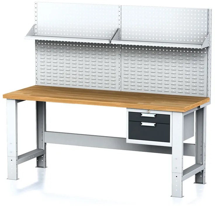 Alfa 3 Nastaviteľný dielenský stôl MECHANIC I, závesný box na náradie, nadstavba, polica, 2 zásuvky, 2000x685x700-1055 mm, antracit