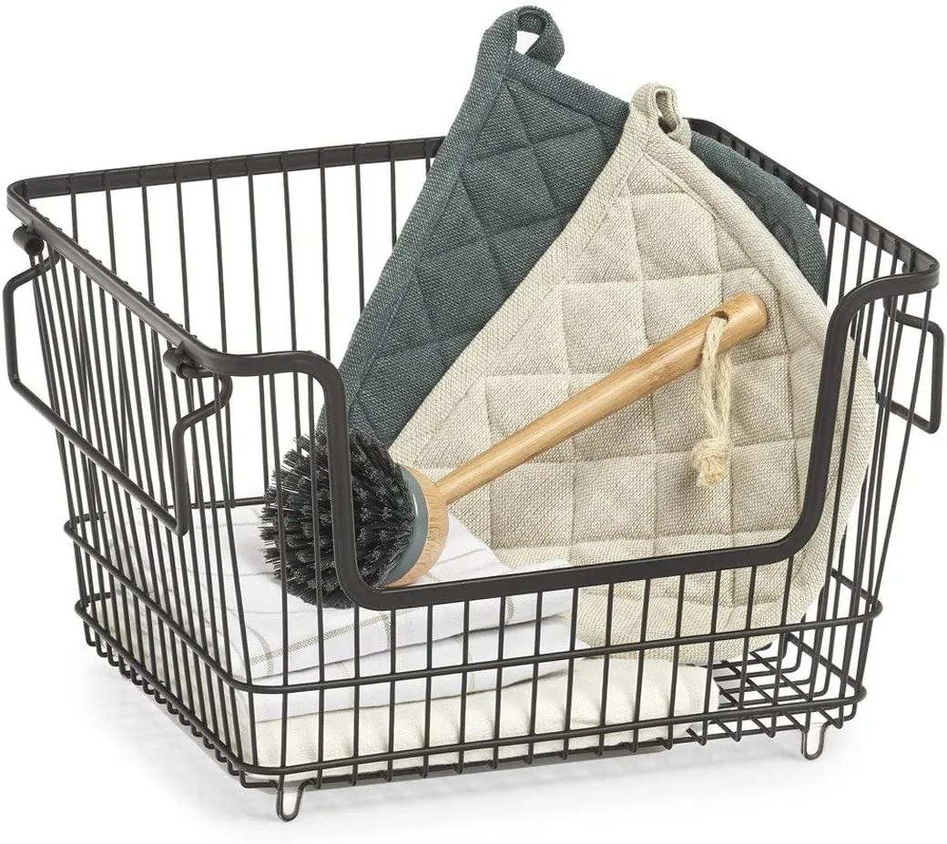 Stohovateľný kovový kôš, organizér s rúčkami, čierny BASKET, 33x27x21,5 cm