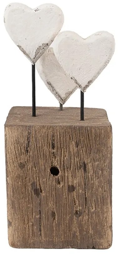 Bielo-hnedá antik drevená dekorácia srdca na podstavci Rustic - 7*6*15 cm