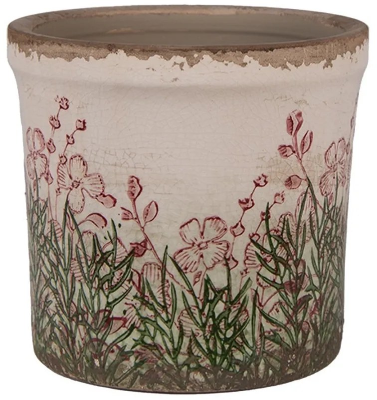 Béžovo-zelený obal na kvetináč s ružovými kvetmi Rustic Flower S - Ø 13*12 cm
