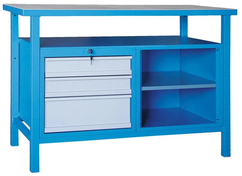 Dielenský pracovný stôl GD, smrek + buková preglejka, 3 zásuvky, 1 polica, 1190 x 600 x 850 mm, modrá