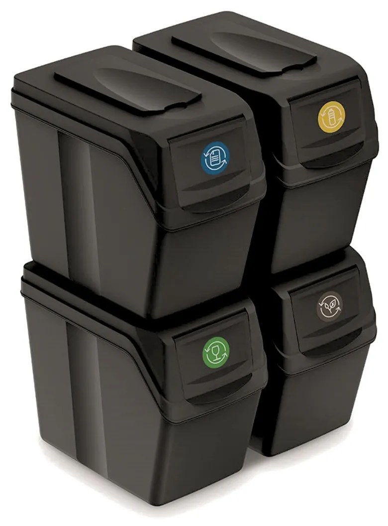 Odpadkové koše na triedený odpad, 4ks x 20l SORTIBOX SLIM - čierne