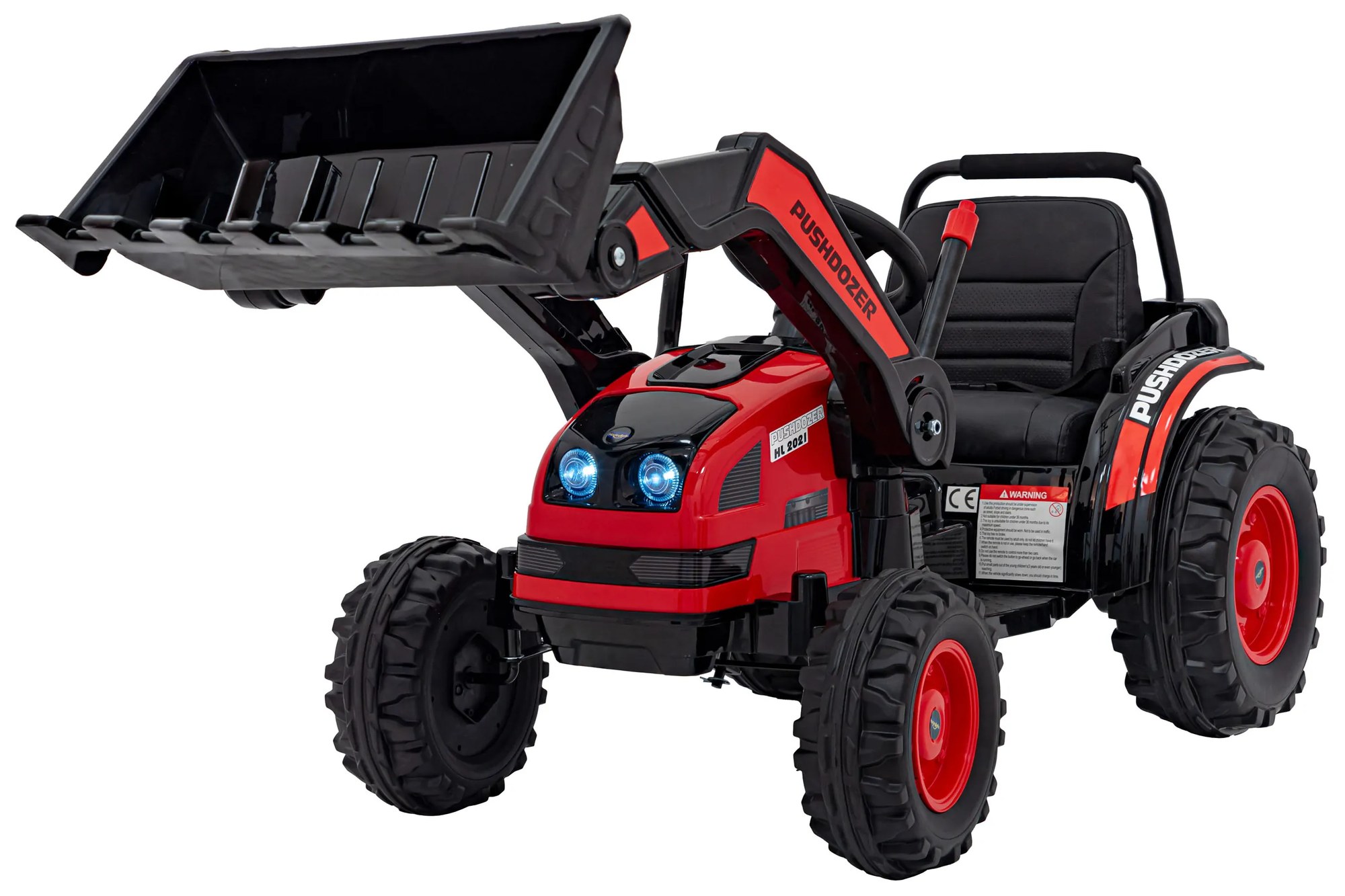 Červený detský elektrický traktorový bager 12V s diaľkovým ovládaním, pohyblivým ramenom a FM rádiom