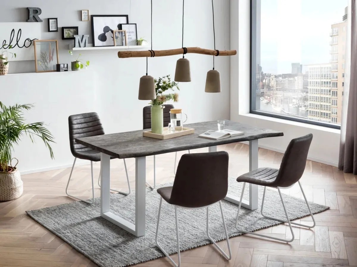 furniture-nabytek.cz - Masívna jedálenská súprava Bullwer so 4 stoličkami Milton, akácia/textil/kov, lakovaná, šedo-biela