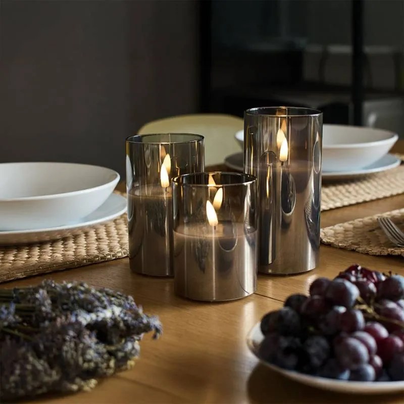 DECOLED Sada 3 LED sviečok zo skla, sivá, s diaľkovým ovládaním