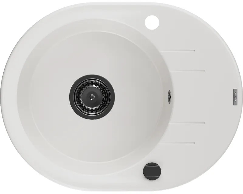 Mexen Kevin, granitový drez 586x458x190 mm, 1-komorový, biela s čiernym sifónom, 6517581005-20-B