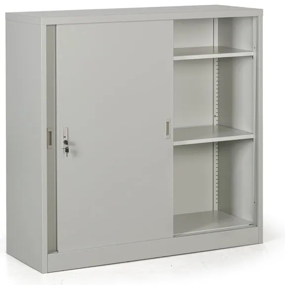 Kovová skriňa s posuvnými dverami, demontovaná, 2 police, 1200 x 1200 x 450 mm, svetlo sivá