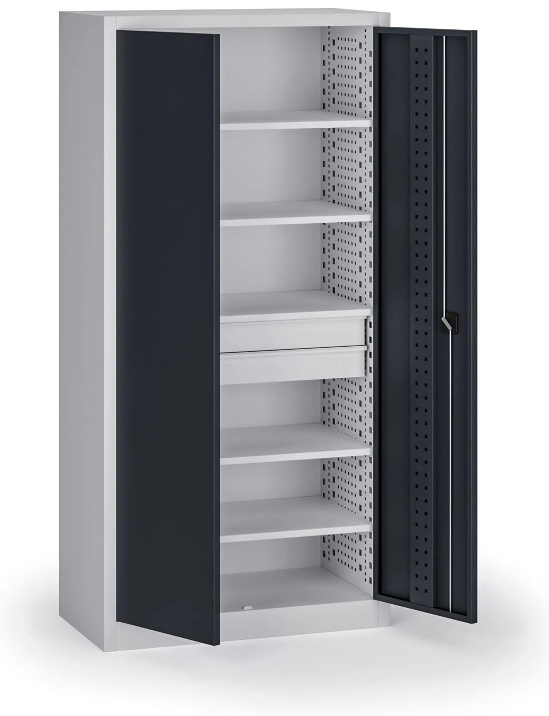 Policová dielenská skriňa 2-dverová, 5 políc + 2 zásuvky, 1950 × 950 × 500 mm, grafitové dvere