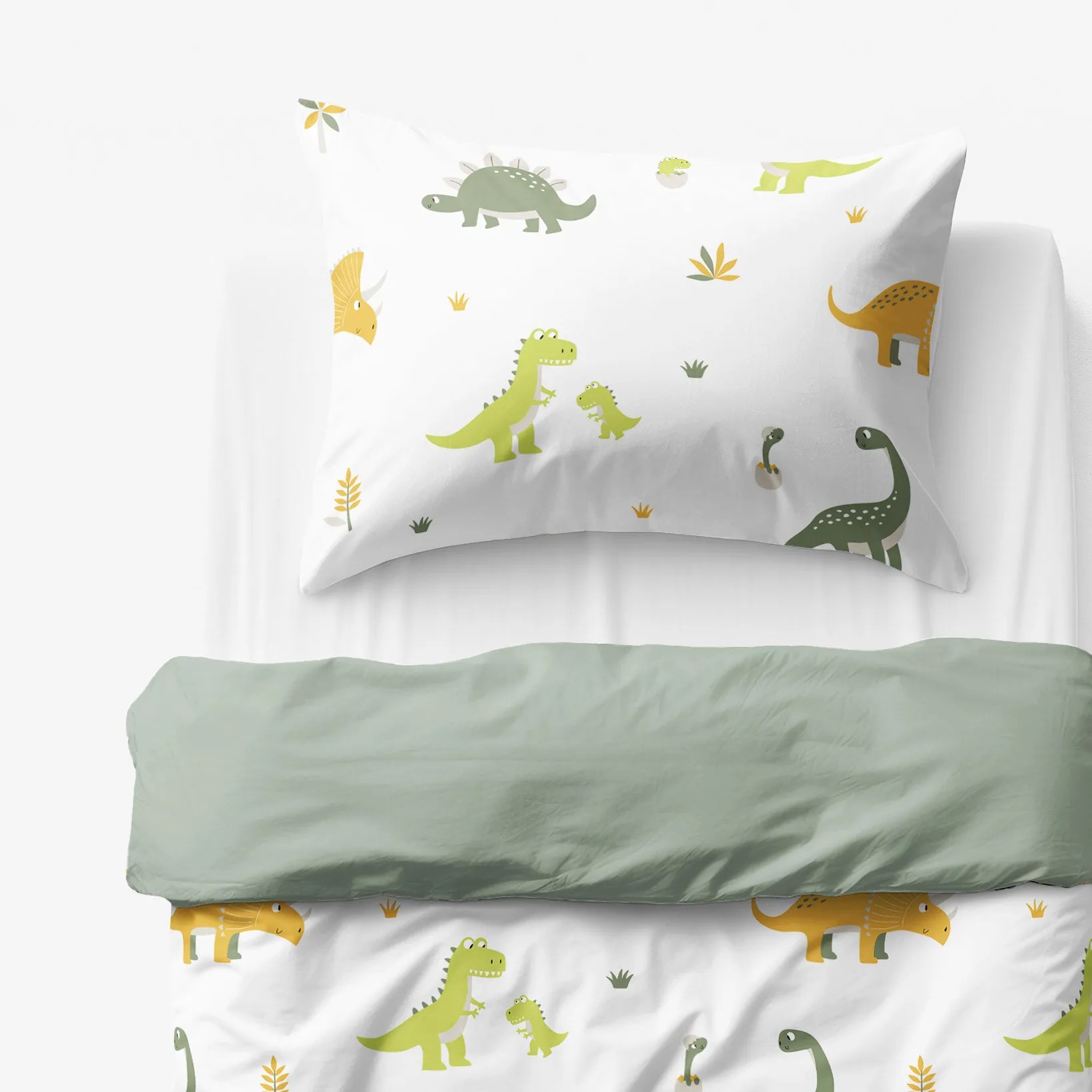 Goldea detské bavlnené obliečky duo - dinosaurie dobrodružstvo so šalviovo zelenou 140 x 200 a 70 x 90 cm