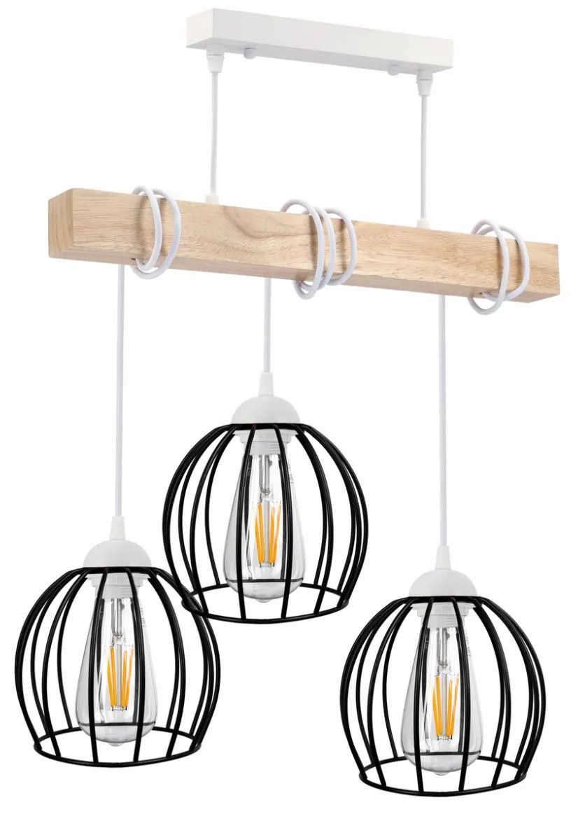 BERGE LED závesné stropné svietidlo, drevené, biele, 3xE27, drôtená guľa