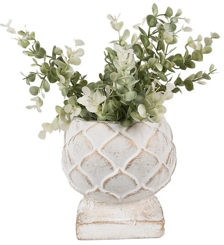 Bielo-zlatý cementový kvetináč v tvare šišky na podstavci S - Ø 14*14 cm