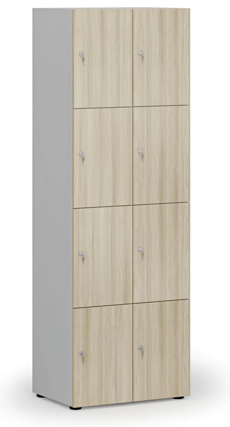 Drevená šatníková skrinka S4 s úložnými boxmi, 8 boxov, demont, cylindrický zámok, sivá/dub prírodný