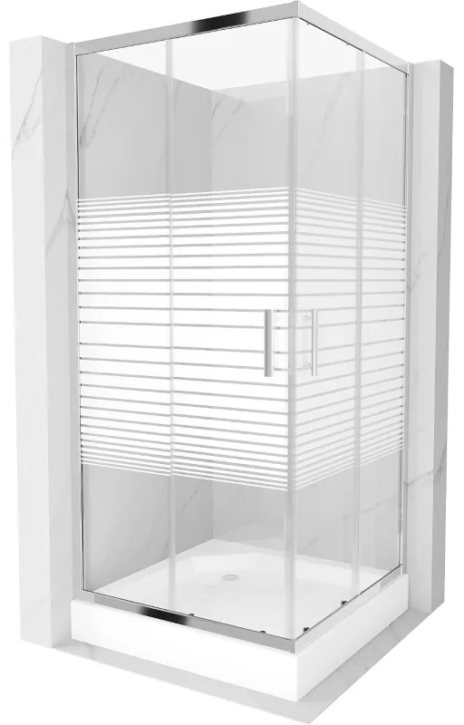 Mexen Rio, štvorcový sprchovací kút s posuvnými dverami 90 x 90 cm, 6mm číre sklo/pásy, chrómový profil + biela vysoká sprchová vanička Rio, 860-090-090-01-20-4510