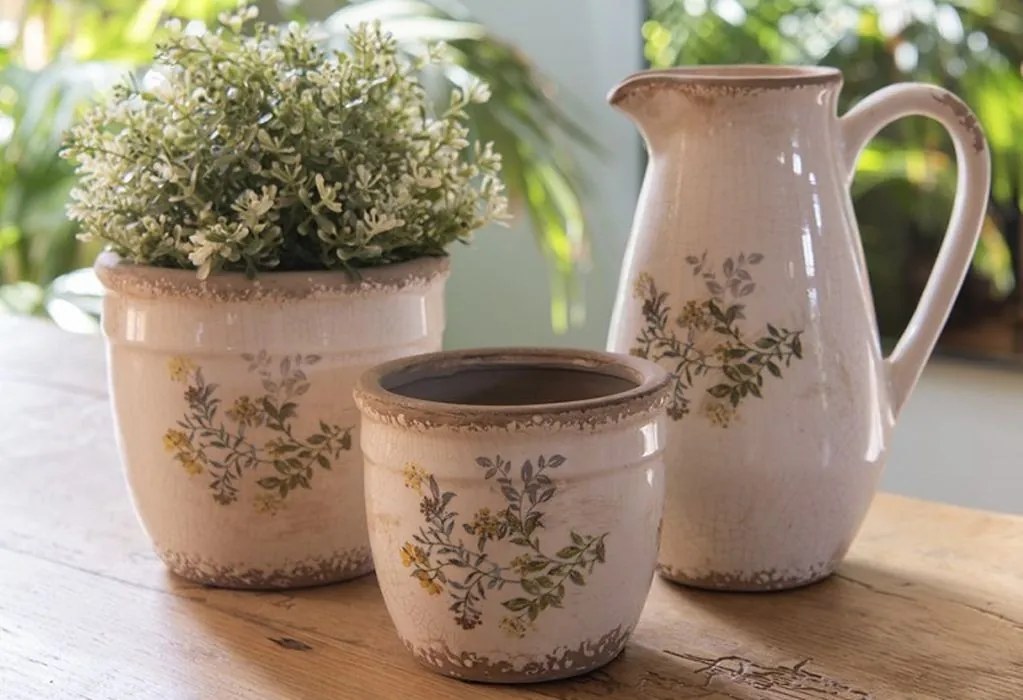 Béžový keramický obal na kvetináč so žltými kvetmi S - Ø 13*11 cm