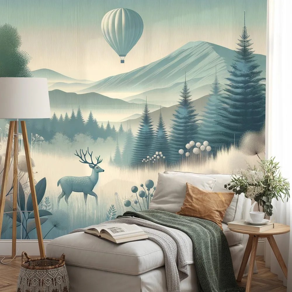 Tapeta lesná krajina s jeleňom a balónom