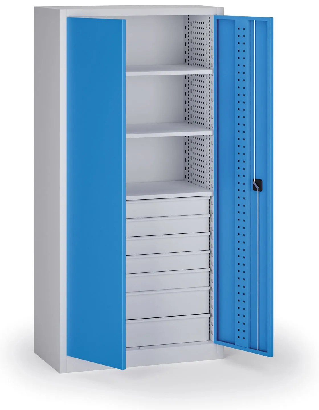 Policová dielenská skriňa 2-dverová, 3 police + 7 zásuviek, 1950 × 950 × 500 mm, modré dvere